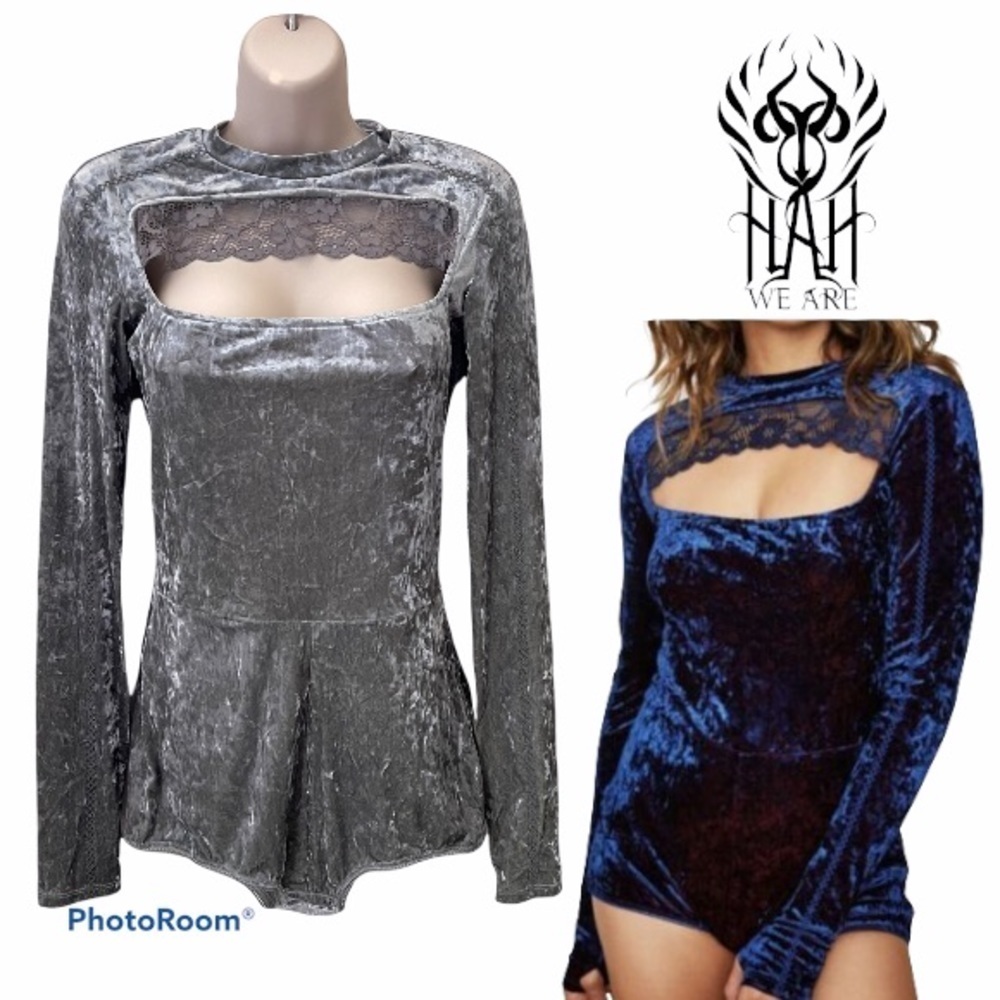 NWT! HAH Green Velour Lace Front Velvet Bodysuit